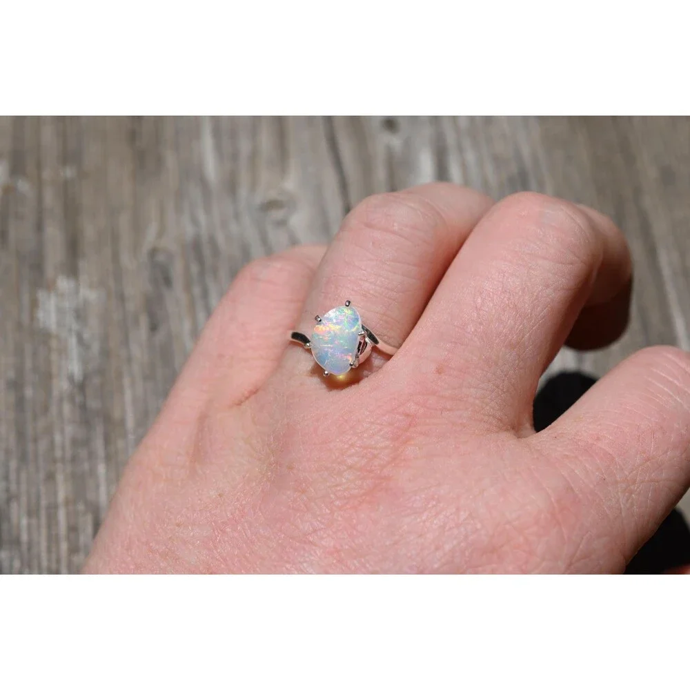 Natural Ethiopian Opal Ring in Sterling Silver Pear Cut Iridescent Gemstone Ring